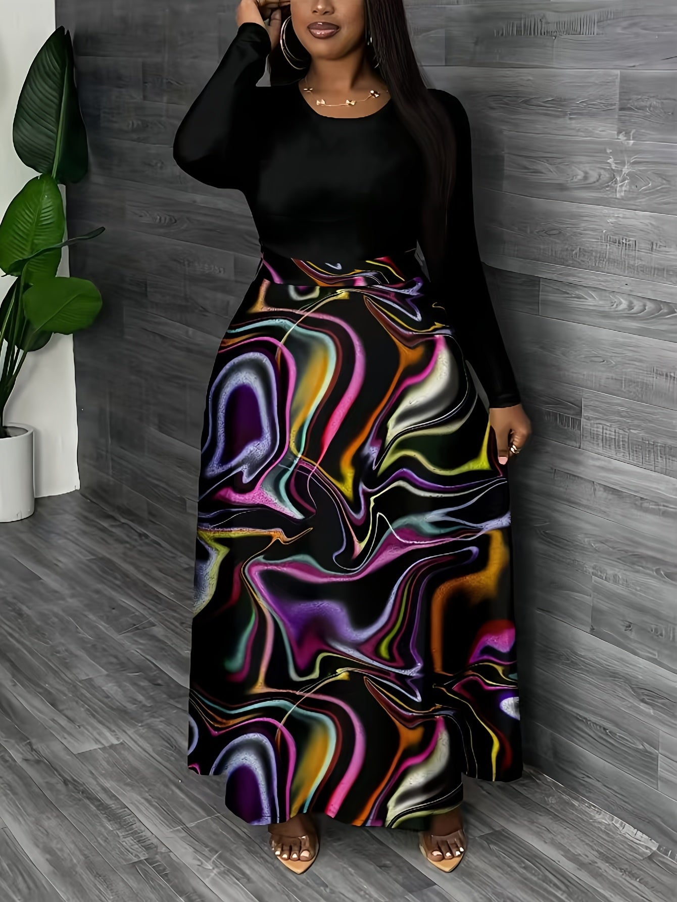 Plus Size Women's Maxi Skirt High-Waisted A-Line Abstract Pattern
