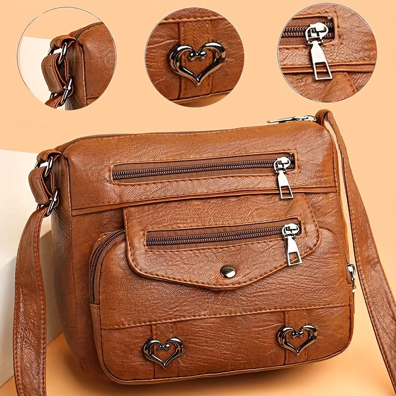 Brown Crossbody Bag with Adjustable Strap, Multiple Compartments, Heart Studs, Lightweight, Casual