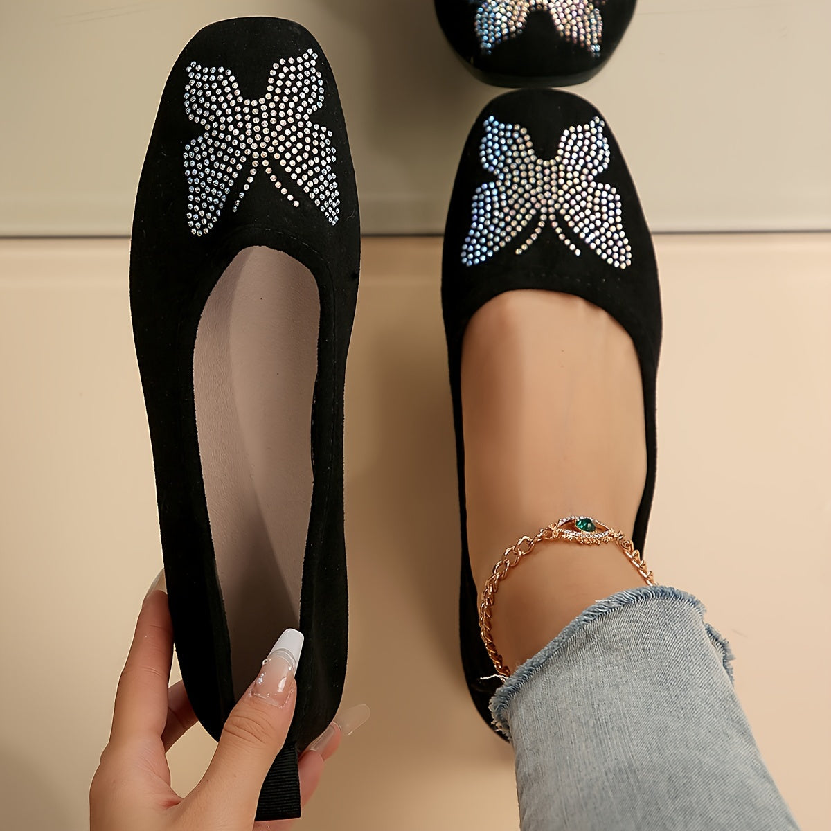 Ayollar uchun rhinestone bilan bezatilgan bow flats qora kvadrat botiq Mary Jane poyabzal, osongina kiyiladi