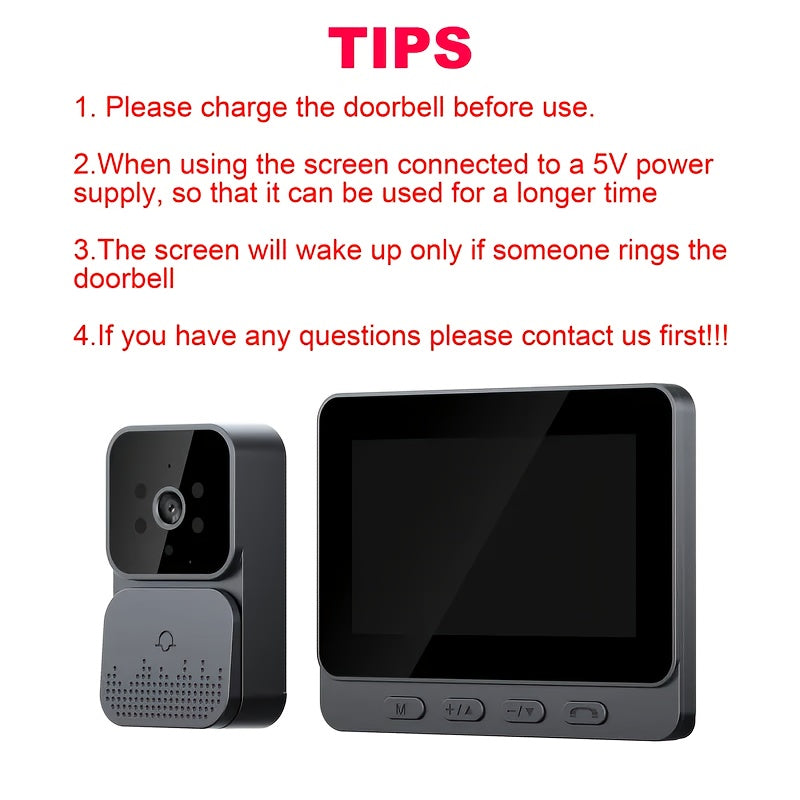 Wireless Video Doorbell with HD Screen Night Vision Two-Way Intercom Rechargeable Battery Easy Installation
