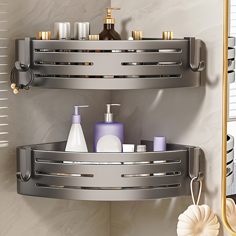 Aluminum Shower Organizer with Hooks Self-Adhesive Rust-Resistant Bathroom Shelf