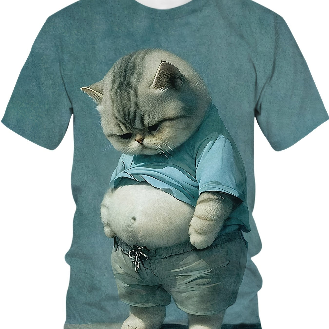 Men's Casual Round Neck T-Shirt with Chubby Cat Print, Short Sleeve, Polyester