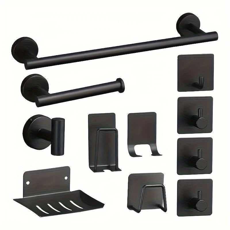 11-Piece Stainless Steel Bathroom Set Black and Silver Modern Accessories with Towel Bar Hooks and Soap Dish