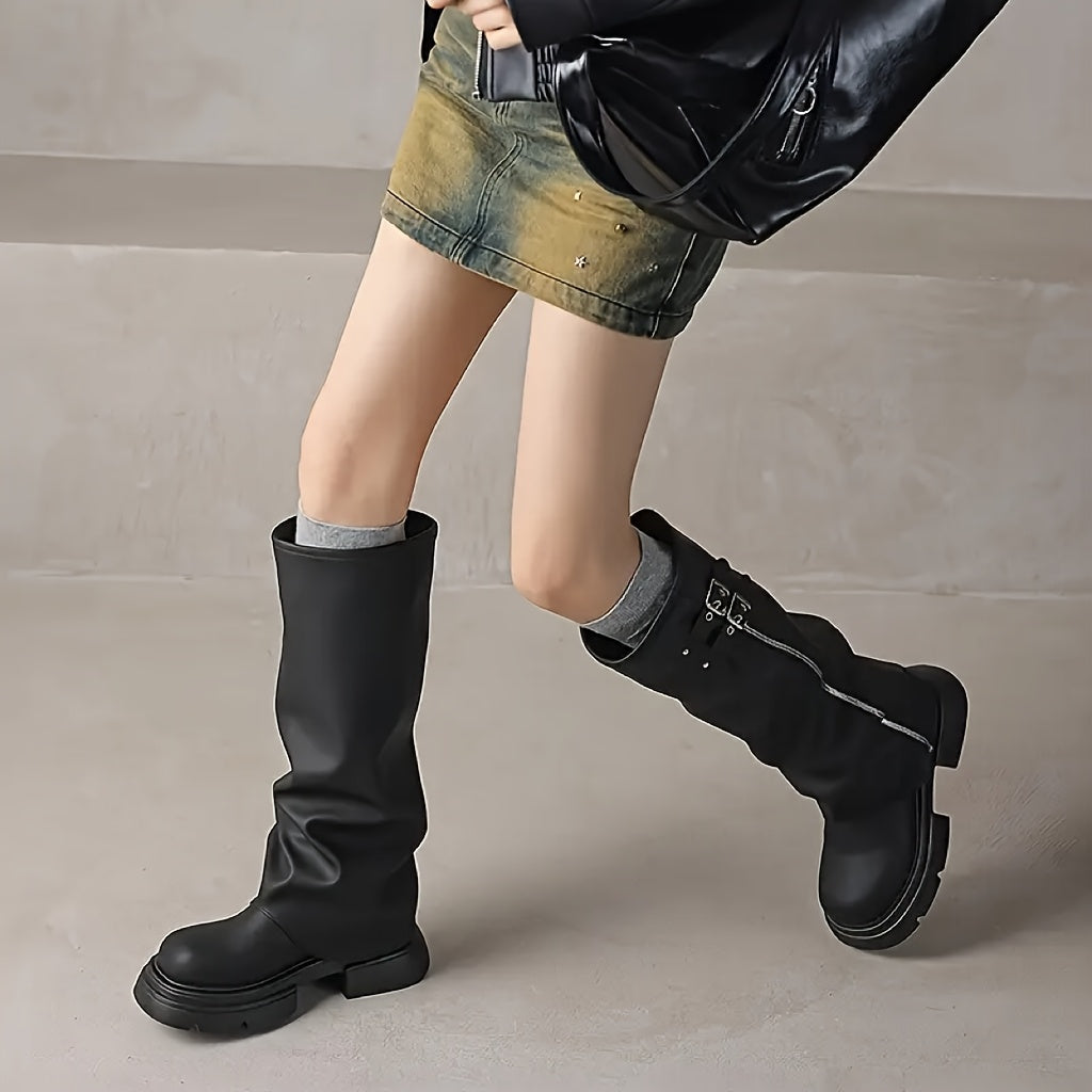 Women's Synthetic Over Knee Block Heel Boots Brown Slip-On Thick Sole