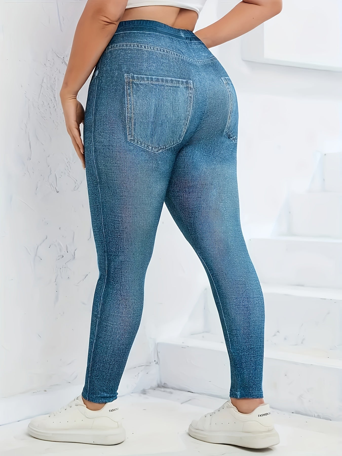 Women's Plus Size Sports Leggings Imitation Denim Blue High Waist Fitness Tights