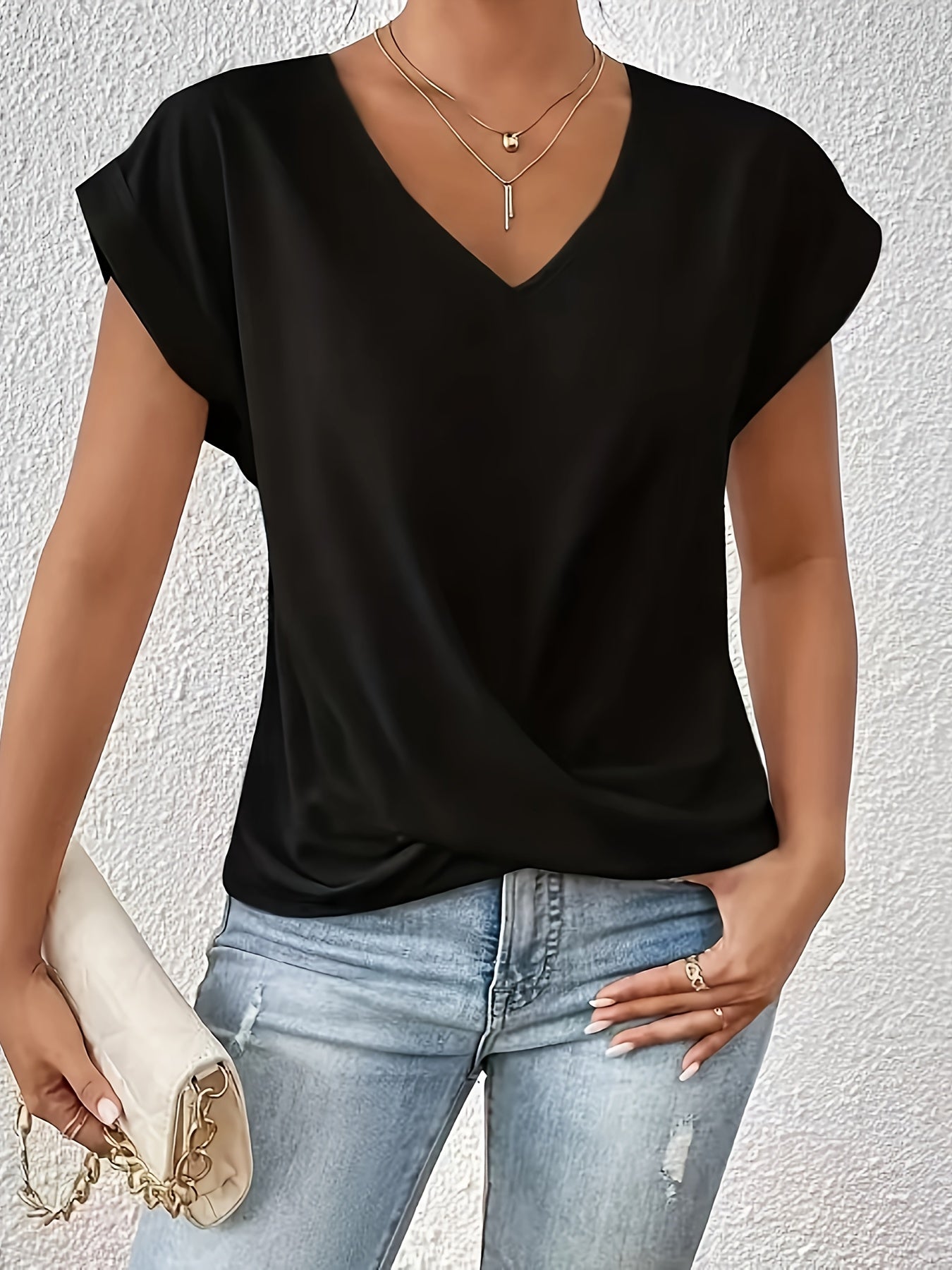Plus Size V-Neck T-Shirt for Women Short Sleeve Black Polyester Casual Top