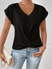 Plus Size V-Neck T-Shirt for Women Short Sleeve Black Polyester Casual Top