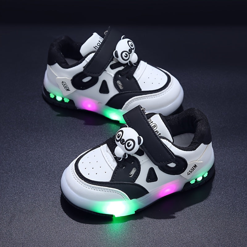 Kids LED Light-Up Sneakers with Panda Design, Low Top, Pink and White