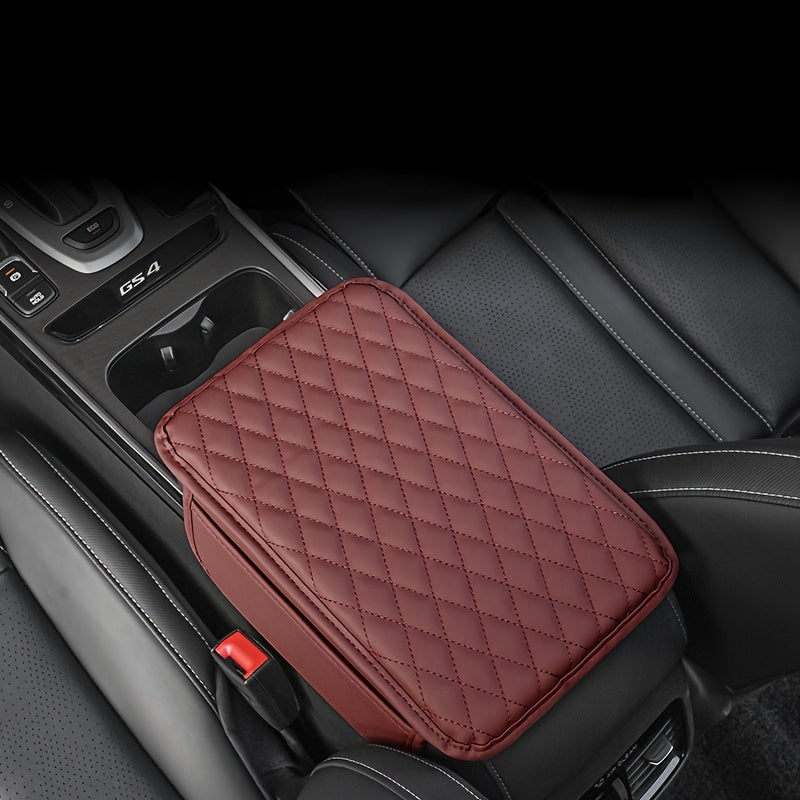Red PU Leather Car Armrest Pad with Quilted Design and Storage Pocket