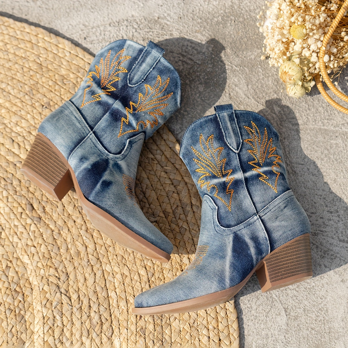 Women's Vintage Embroidered Western Cowgirl Boots with Wooden Heel and Pointed Toe