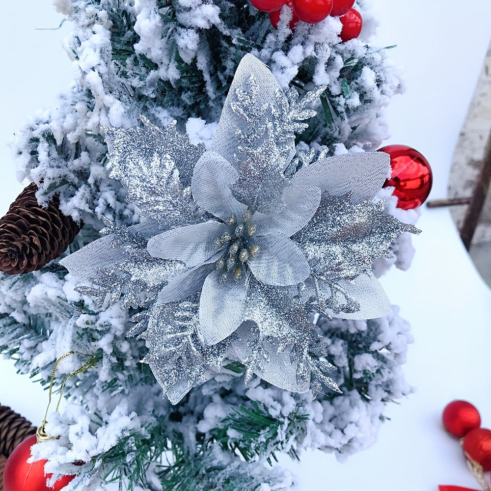 Set of 12 Artificial Golden Powder Christmas Flowers with Clips 14cm for Decorations