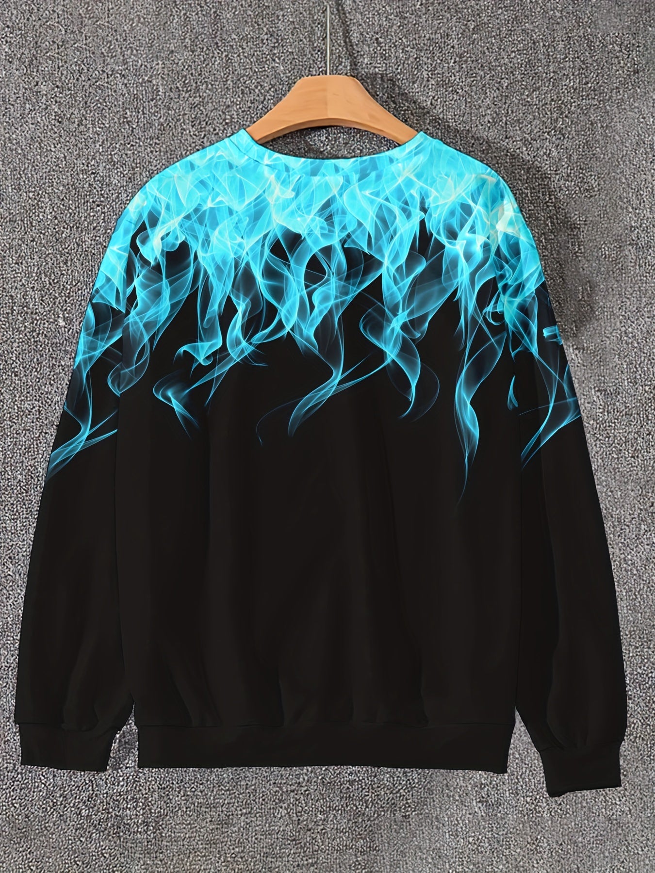 Men's Plus Size Casual Sweatshirt with Blue Flame Print Polyester Blend Fall Winter