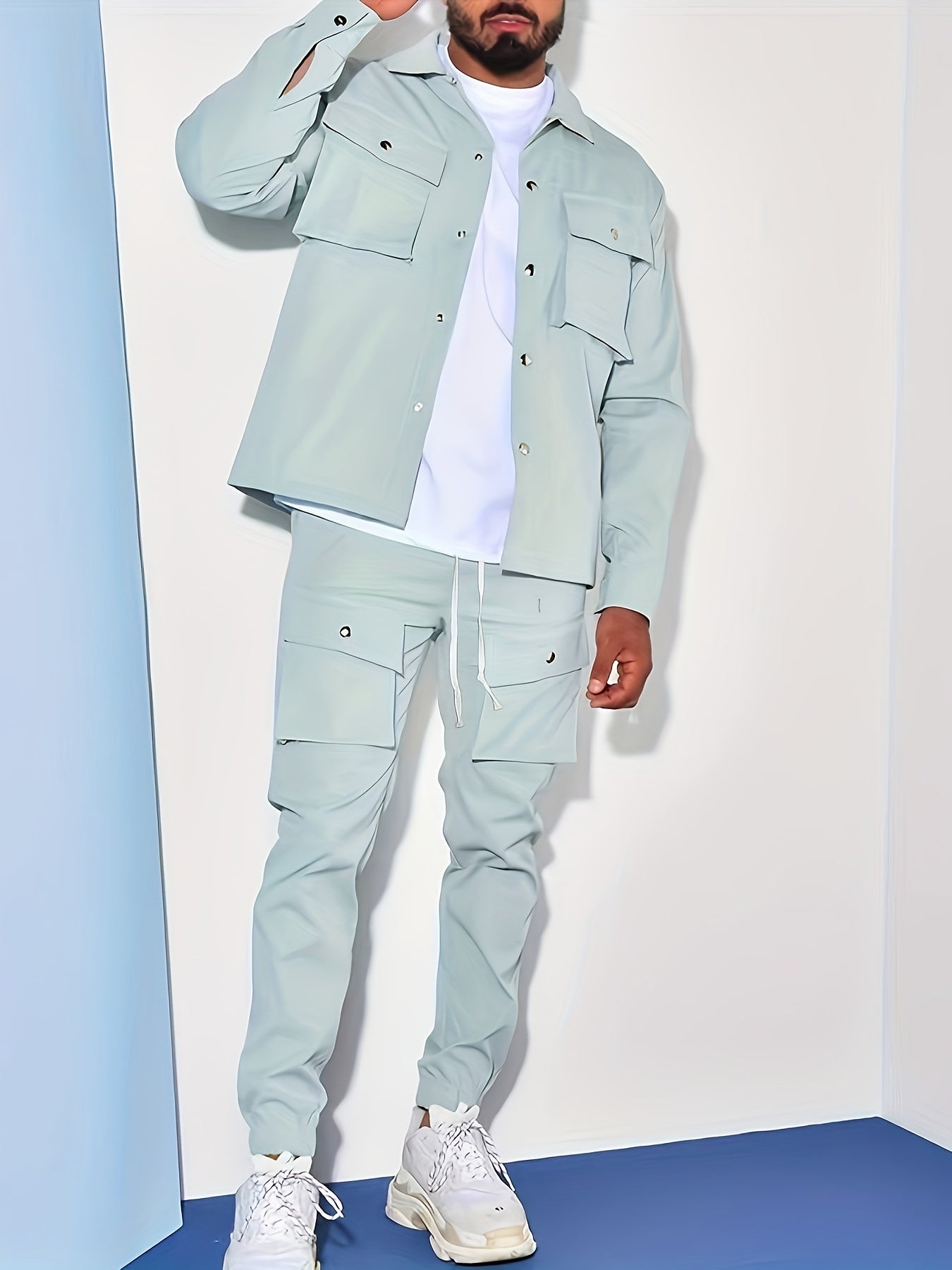 Men's Polyester Suit Set with Lapel Collar and Pocket Details for Casual, Hiking, and Outdoor Wear