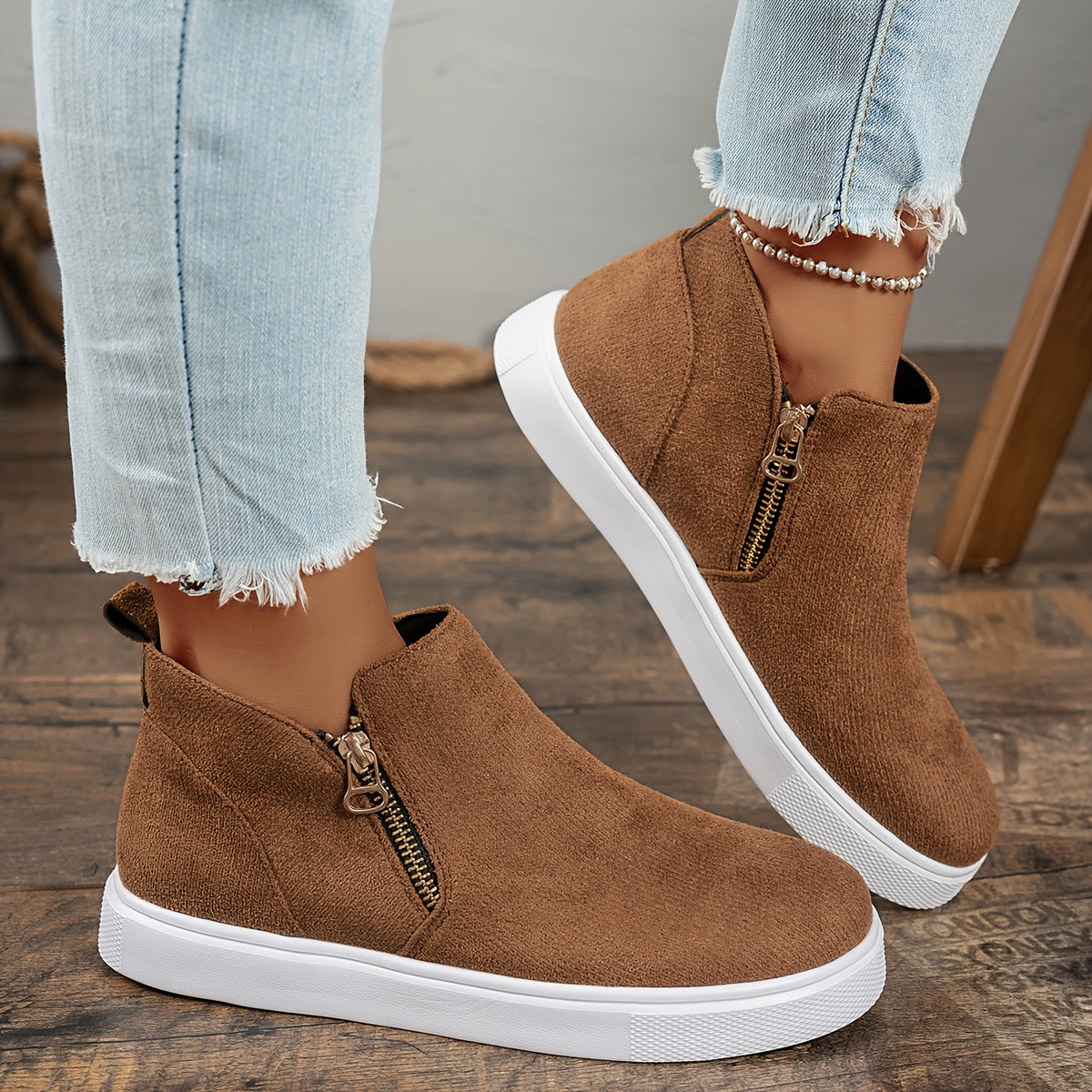 Women's Wedge Heel Ankle Boots Leather Chunky Zipper Casual Shoes