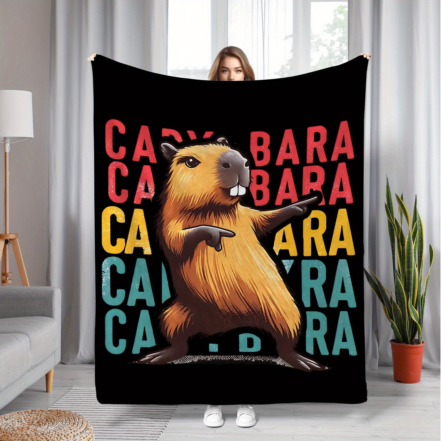 Cozy Flannel Throw Blanket with Rock Capybara Design for Kids and Adults, All-Season Plush Bed Couch Travel
