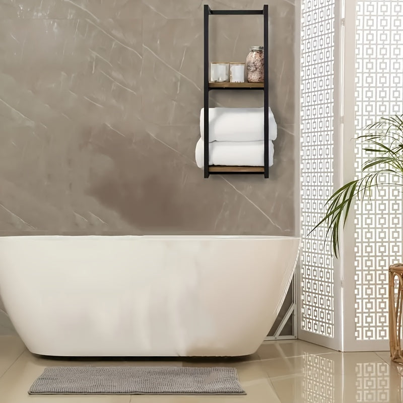 2-Tier Wall Mounted Towel Rack Wooden Bathroom Bedroom Organizer