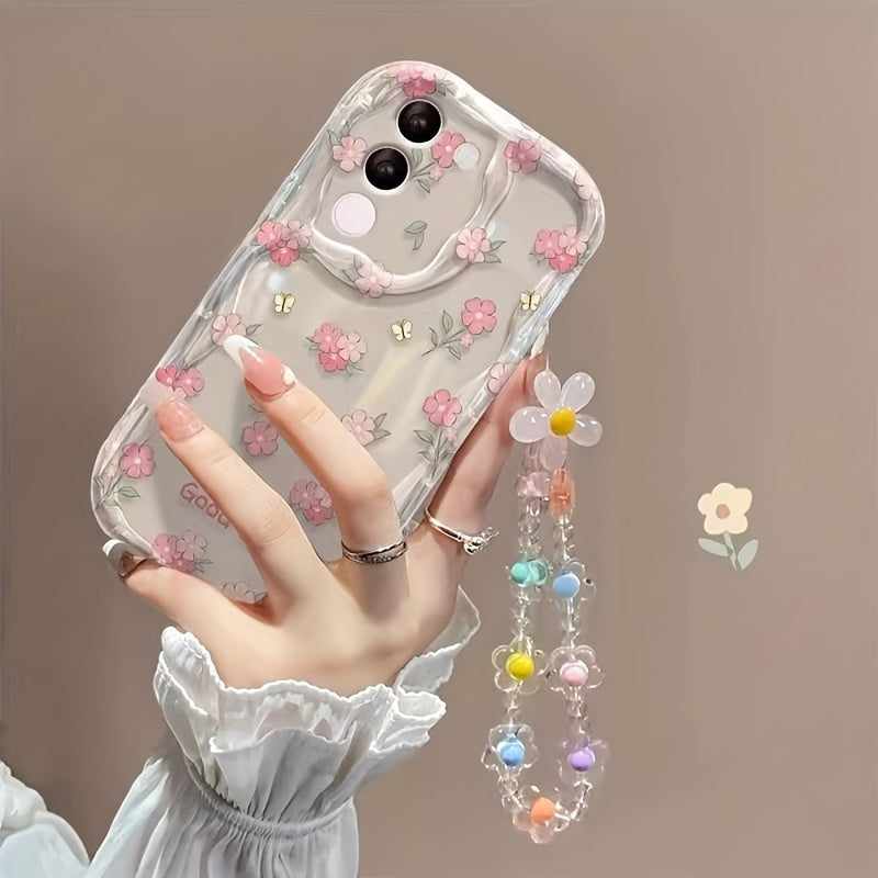 Прозрачный чехол для цветов из порошка для Galaxy S24 Ultra и S24 FE, подходит для защиты S25 Ultra и A15. Включает мягкий корпус с кремовым узором, ручную цепочку из цветочных бусин и