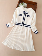 Girls' Long Sleeve Pleated A-Line Dress with Navy Accents Cotton Nylon for Spring Fall