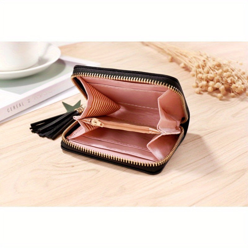 1 dona Honey Girl ayollar uchun hamyon, tassel fermuarli tangalar sumkasi, kredit karta joylari, ingichka moslashuv, PVC sun'iy charm, qora/gray/qizil tasodifiy print dizayni.