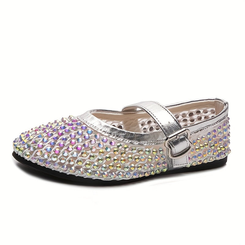 Women's Woven Lace Fishnet Flat Mary Jane Shoes with Rhinestones