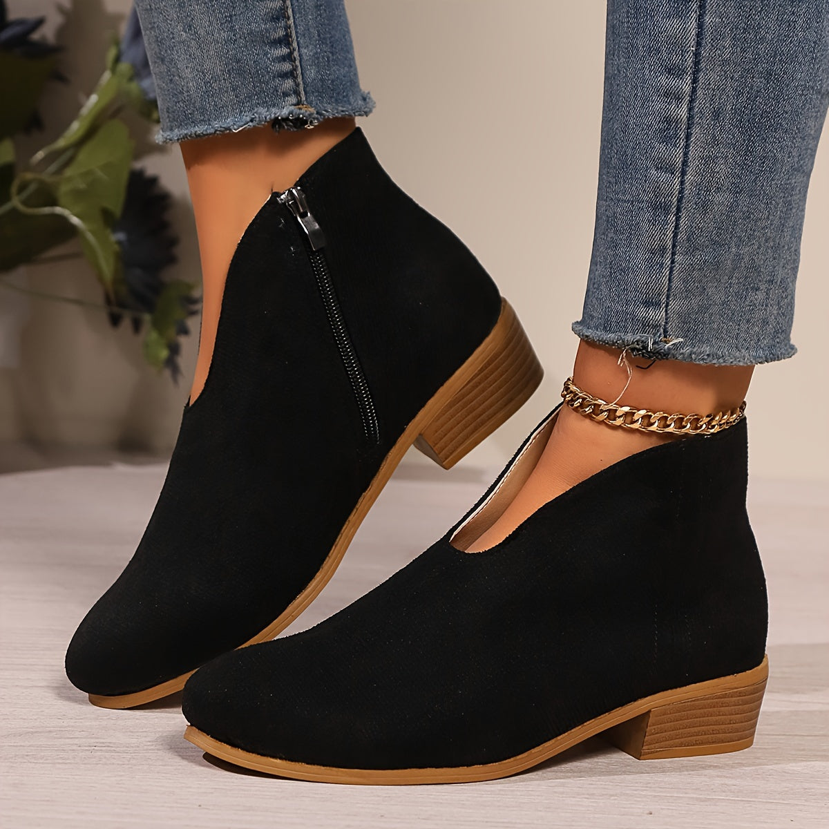 Women's Leopard Print Ankle Boots Chunky Mid-Heel Zipper Leather