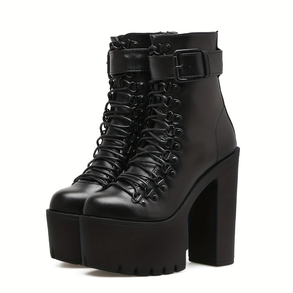 Women's Platform Chunky High Heel Ankle Boots Black Buckle Lace Up Motorcycle Shoes