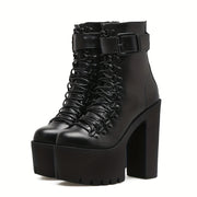 Women's Platform Chunky High Heel Ankle Boots Black Buckle Lace Up Motorcycle Shoes
