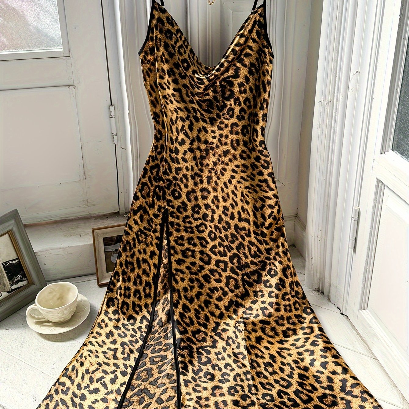 Leopard Print Cowl Neck Nightgown for Women Brown Black Polyester All-Season Sleepwear