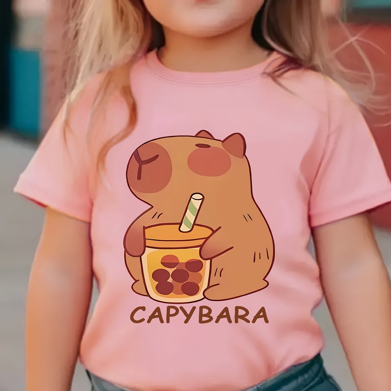 Girls' Knit Top with Capybara Drinking Milk Tea Pattern, Spring Summer Casual T-Shirt