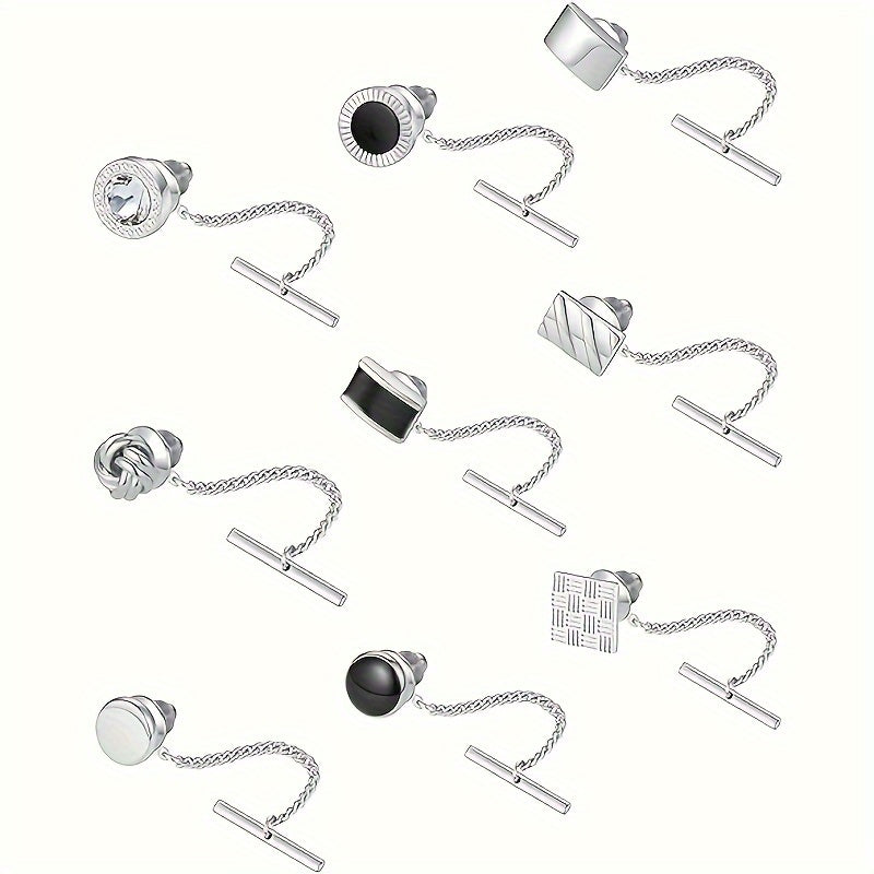 Set of 9 Men's Tie Pins with Chains and Clips in Black Silver and Gold