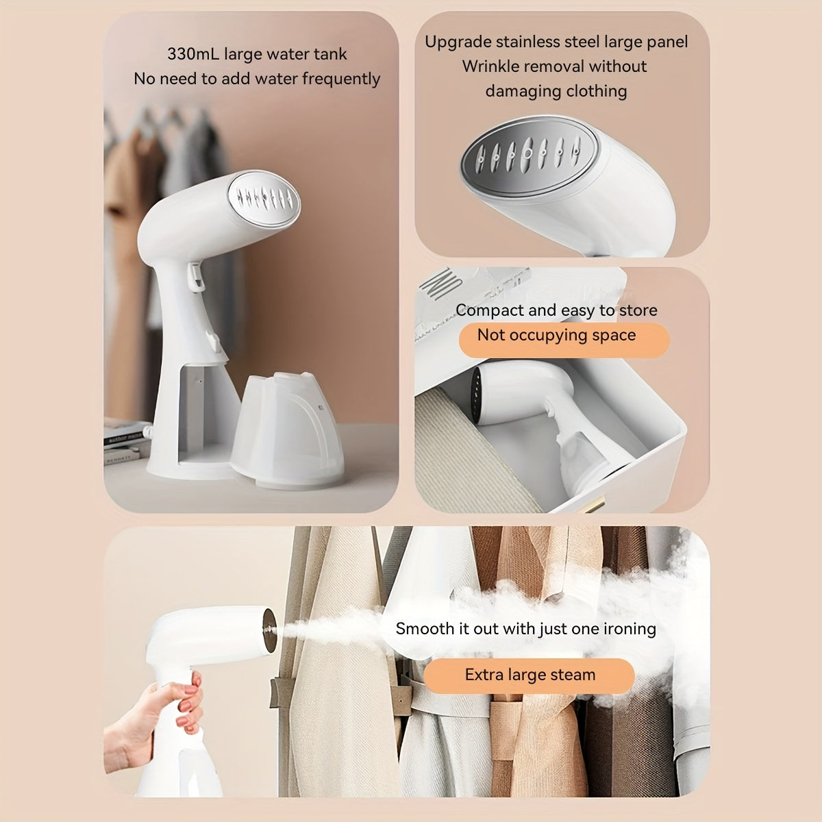 Vaporizador de mano portátil con colgador de 1500W y depósito de agua, removedor de arrugas