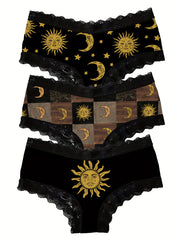 Women's Briefs Set of 3 Moon and Sun Print Lace Trim Breathable Stretchy Underwear