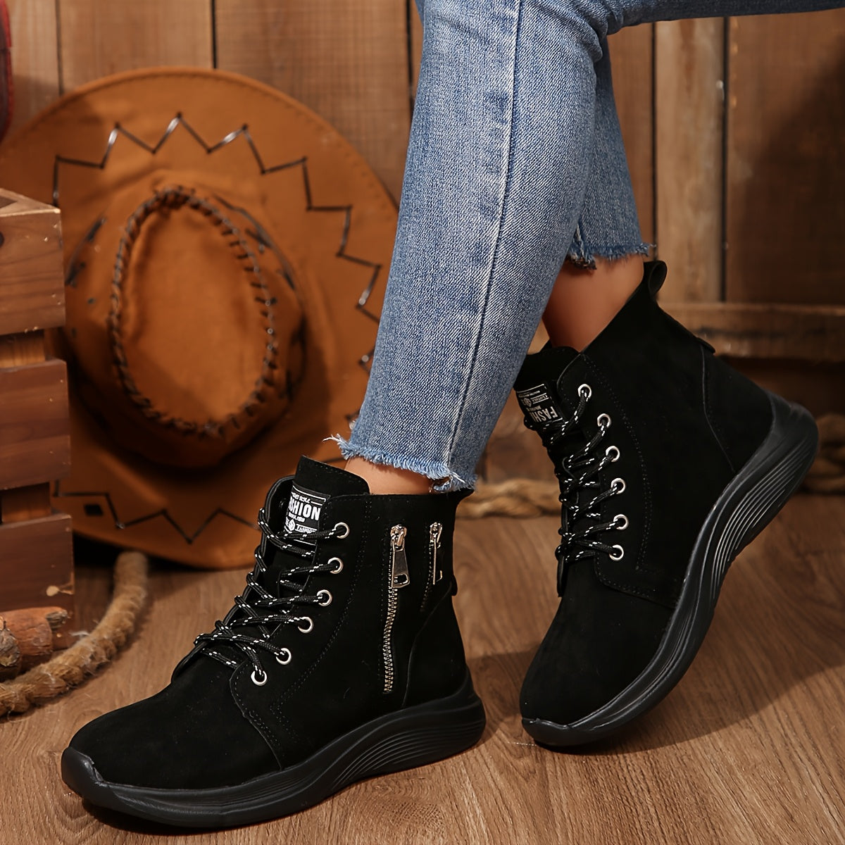 Women's Ankle Boots Solid Color Casual Lace-Up Round Toe Flat Heel
