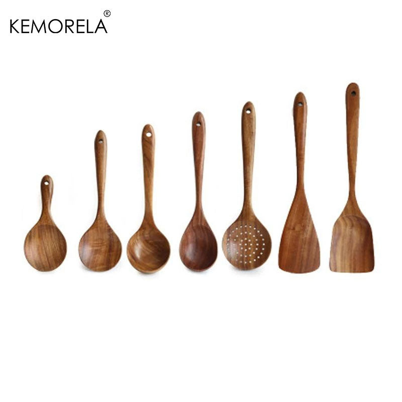 Set of 4/7 Natural Teak Wood Kitchen Utensils Including Spoons Ladles Turners Colanders and Scoops