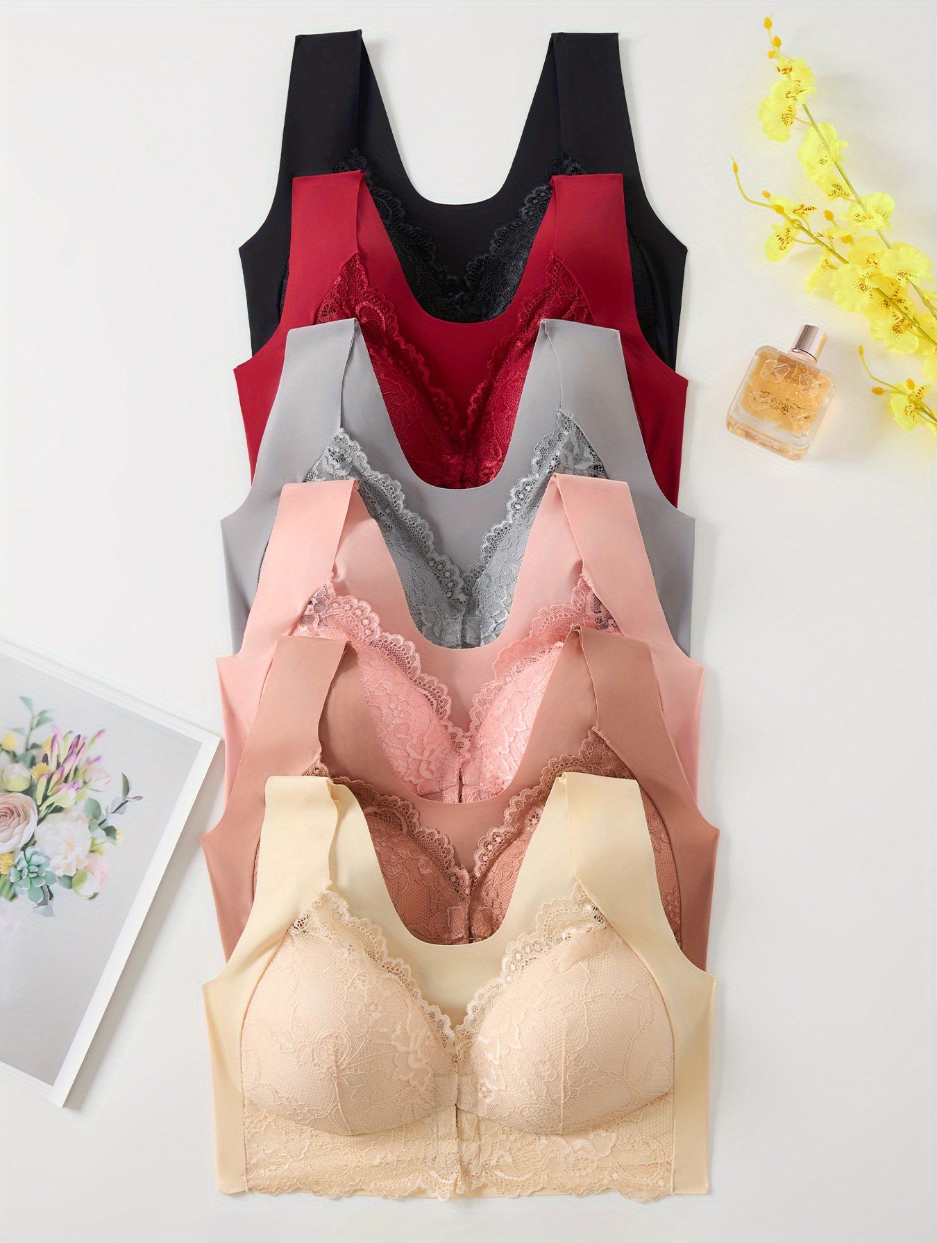 Women Floral Lace Push-Up Bra Pack with Mesh Panels, Wire-Free, Medium Support