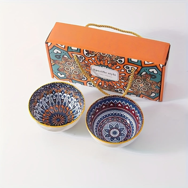 Handmade Ceramic Bowls Set with Vibrant Orange and Blue Mandala Design for Serving Cereal Ice Cream Pasta
