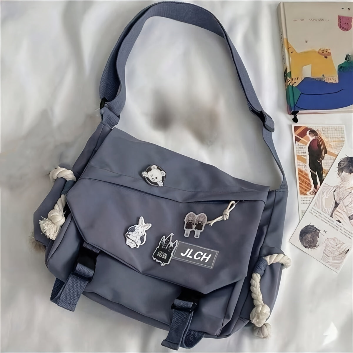 Unisex Canvas Shoulder Bag with Adjustable Strap for School Travel and Daily Use in White Pink Blue Black