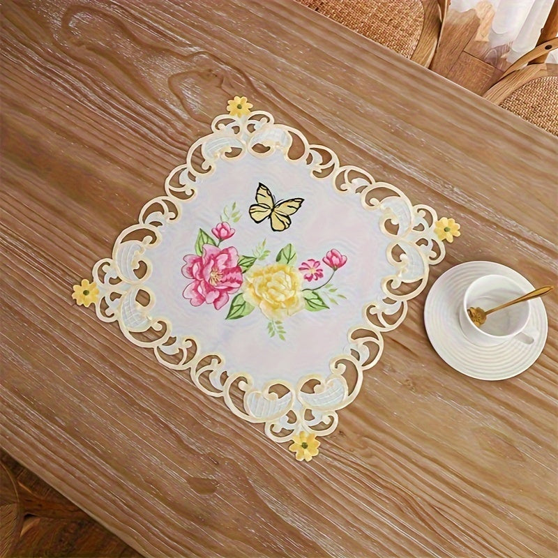 Polyester Table Runner with Hand-Cut Embroidered Flowers and Butterflies White Floral Decor