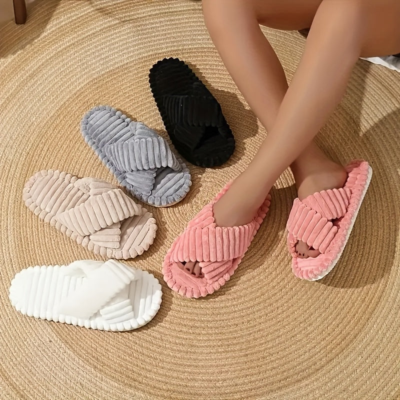 Women's Plush Slippers Soft Beige Cross-Strap Indoor Outdoor EVA Sole
