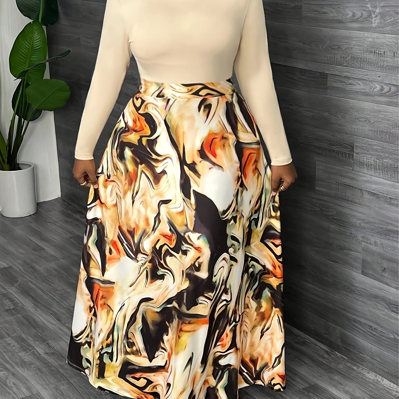 Plus Size Women's Flared Skirt Abstract Print High-Waisted A-Line Orange Black White
