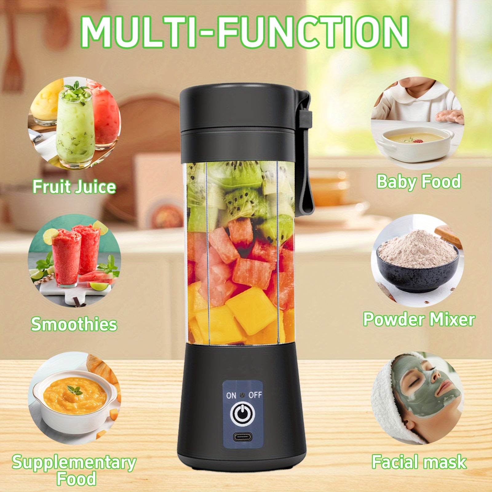 Portable Mini Blender 380ml USB Rechargeable Shakes Smoothies Ice Mixer