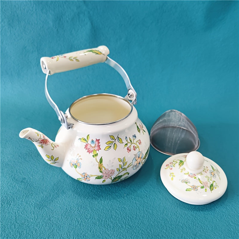 Enamel Kettle 1.5L Floral Design Pear-Shaped Gas and Induction Safe Tea and Cold Drink Maker