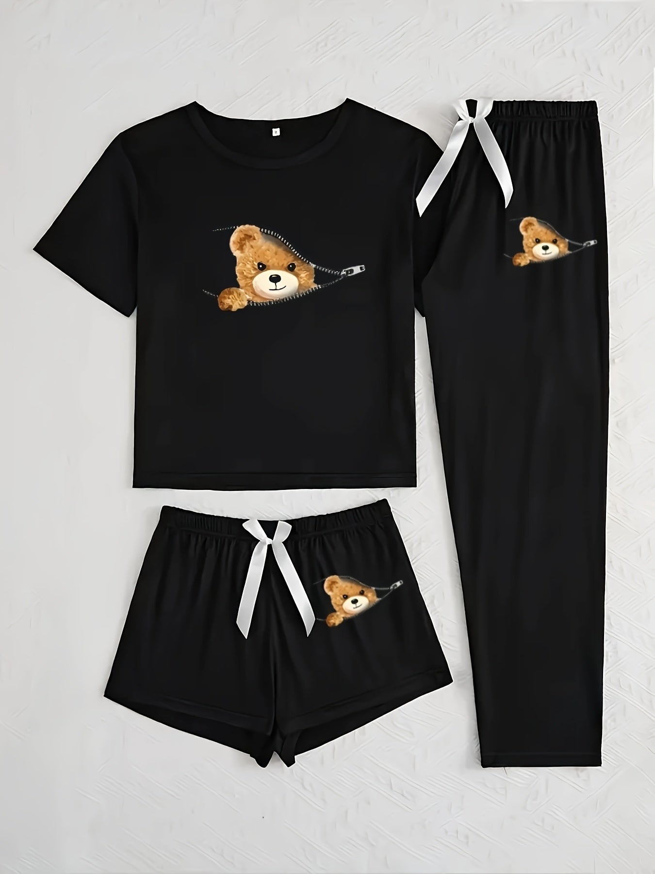 Women's Pajama Set with Zipper Bear Print Short Sleeve Top and Long Pants