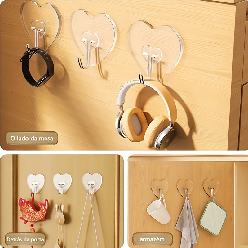 10-штук тяжелых прозрачных пластиковых крючков с клеевым основанием в форме сердца для крепления на стену, для кухни и ванной