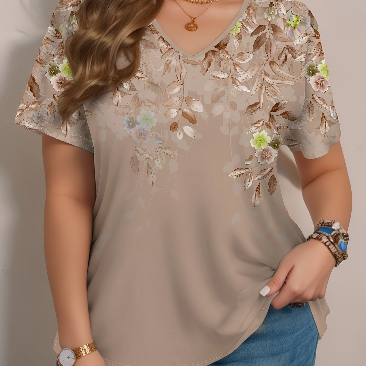 Plus Size Floral V-Neck Short Sleeve T-Shirt for Women