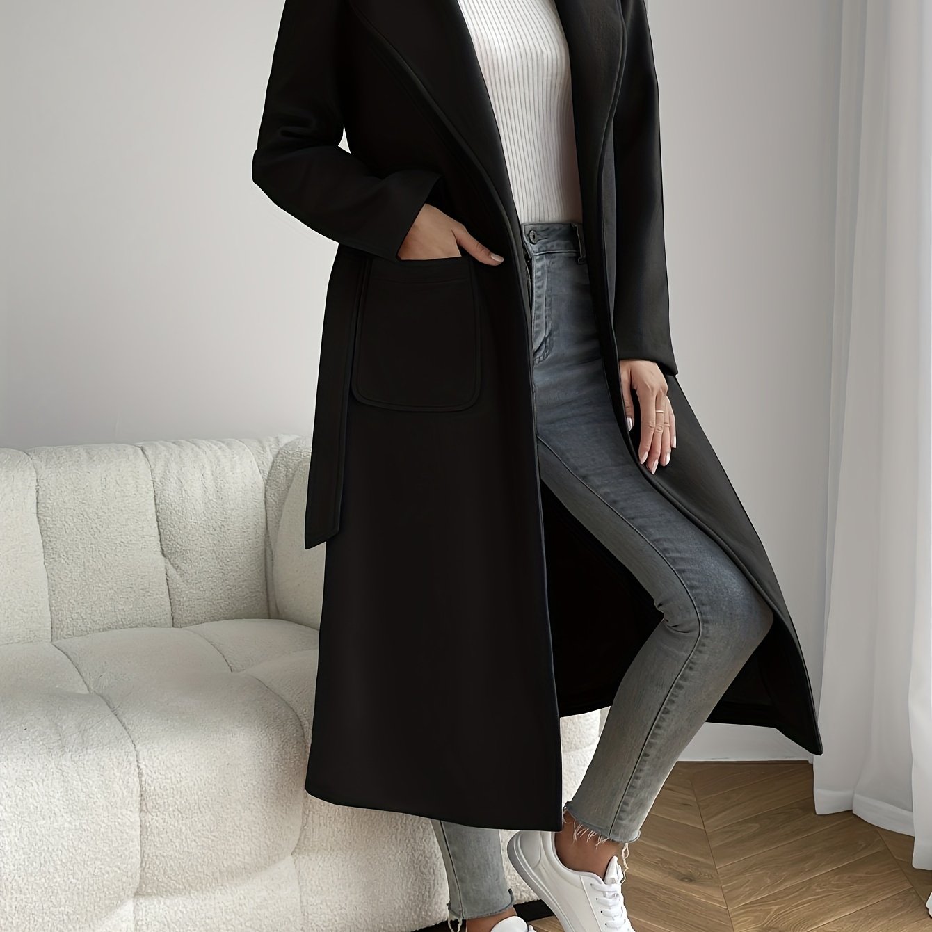 Women's Solid Color Wool Blend Overcoat with Belt Long Sleeve Fall Winter Outerwear