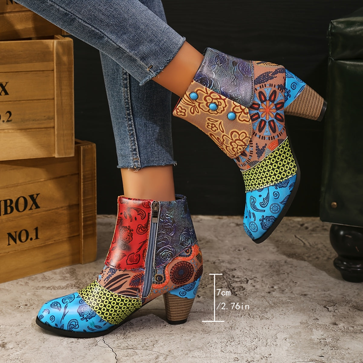 Women's Vintage Ethnic Style High Heel Ankle Boots Black Leather