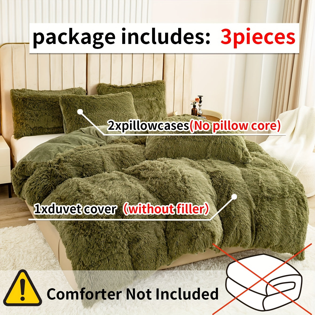 Faux Fur Velvet Duvet Cover Set 3 Pieces Solid Color Soft Warm Bedding