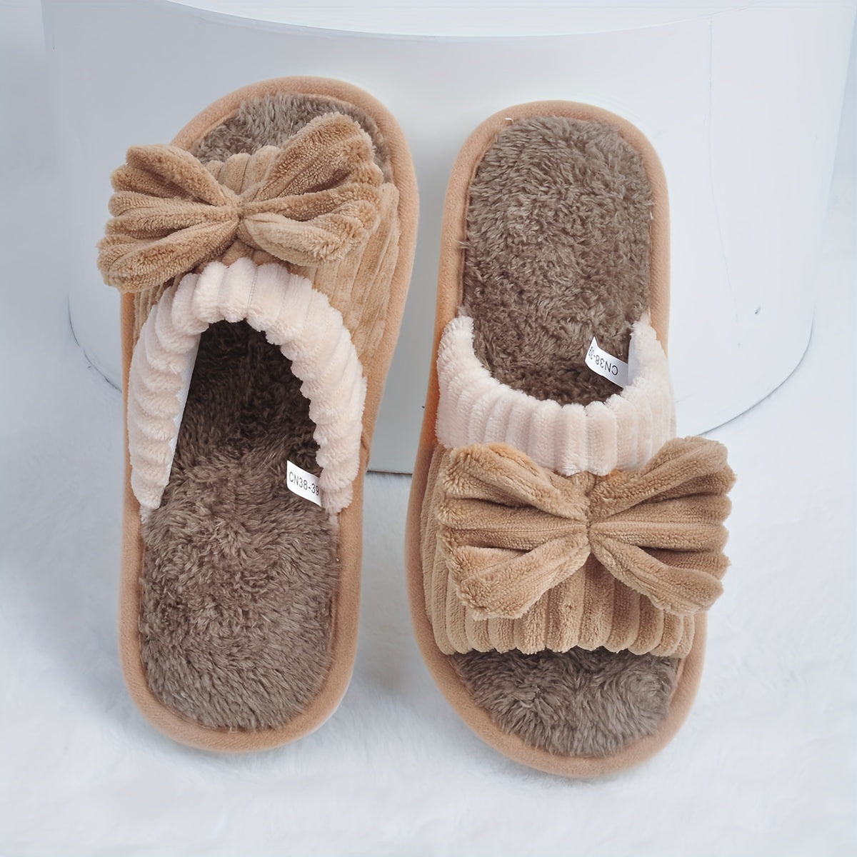 Women's Plush Open Toe Slippers with Bowknot Decor for Indoor Comfort