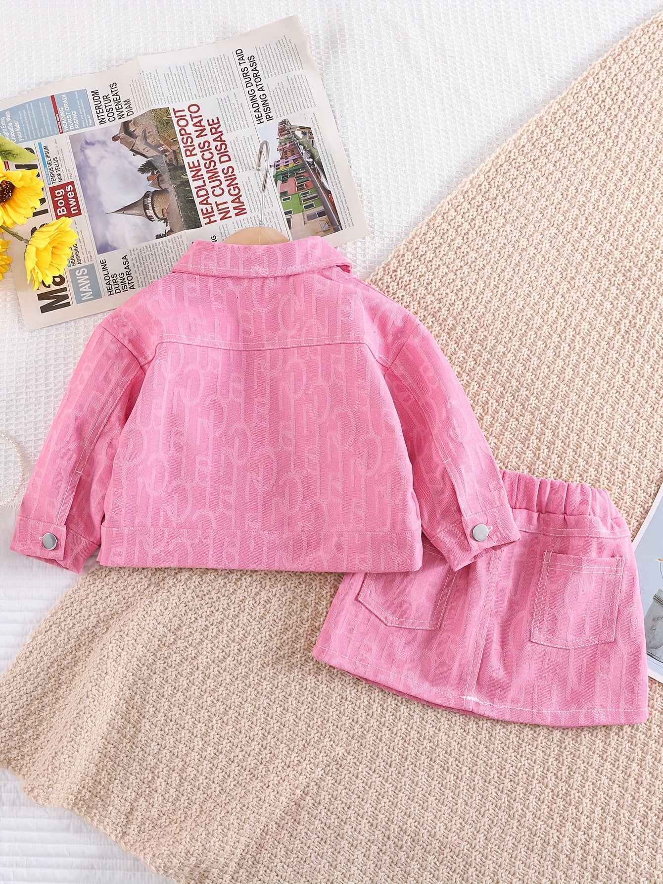 Children's Pink Jacquard Denim Jacket and Skirt Set Casual Spring Fall